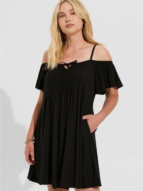 Torrid Black Gauze Cold-Shoulder Mini Dress